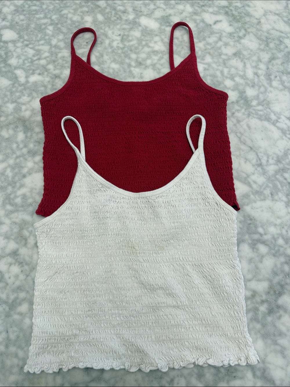 Hollister Smocked Spaghetti Strap Camisoles - Red & White
